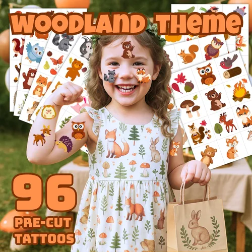 Vista 2 de 96 tatuajes temporales precortados de animales del bosque para niños, bonitos recuerdos de fiesta con temática forestal, perfectos para fiestas