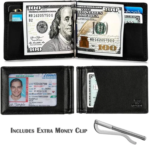 Vista 10 de YBONNE - Cartera fina con clip para dinero, de cuero auténtico, bloqueo RFID, minimalista