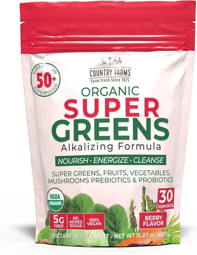 Vista 14 de Country Farms Super Greens Batido en Polvo de Manzana y Plátano, Súper Alimentos Orgánicos, Mezcla de Bebida Orgánica USDA, Frutas, Verduras