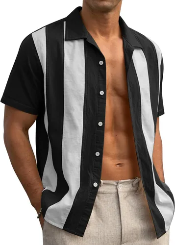 Vista 3 de Camisa de verano a rayas para hombre, camisa de guayabera cubana con botones, camisa de manga corta para playa, camisas hawaianas de trabajo casual