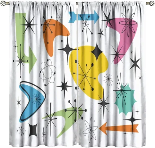 Vista 25 de Cortina de Ventana de Mediados de Siglo con Explosiones de Estrellas, Cortinas con Estampado de Inspiración Atómica para Sala de Estar Dormitorio