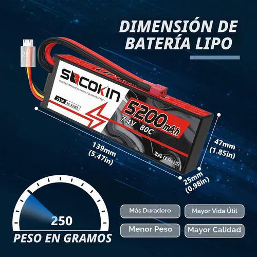 Vista 3 de 2S Lipo Batería 7.4V 5200mAh 80C Batería con estuche rígido T-Plug para RC Evader BX Car Buggy Boat Drones 1/10 Escala Racing Truck Racing Heli