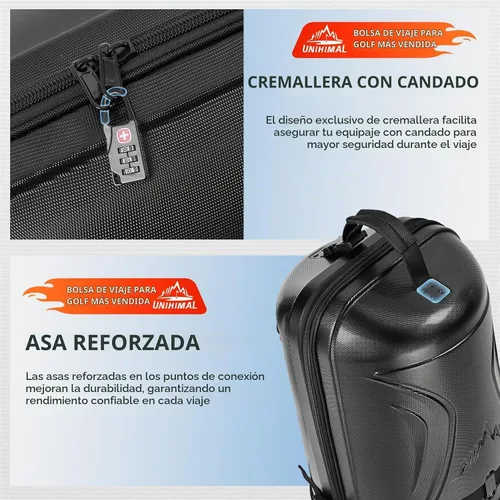Vista 6 de UNIHIMAL Bolsa de viaje de golf con funda rígida de PC, tela Oxford resistente 1680D, bolsas de viaje para aerolíneas con ruedas, resistente al