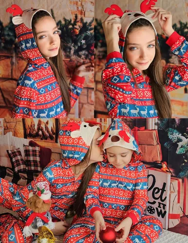 Vista 5 de Ekouaer Pijamas de Navidad para la familia, con capucha, de cuernos de alce, de manga larga, cómoda, para descansar
