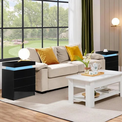 Vista 9 de TUKAILAi Mesita de noche con luz LED, moderna mesita de noche negra con tapa abatible, mesita de noche pequeña con 3 cajones de madera, mesa