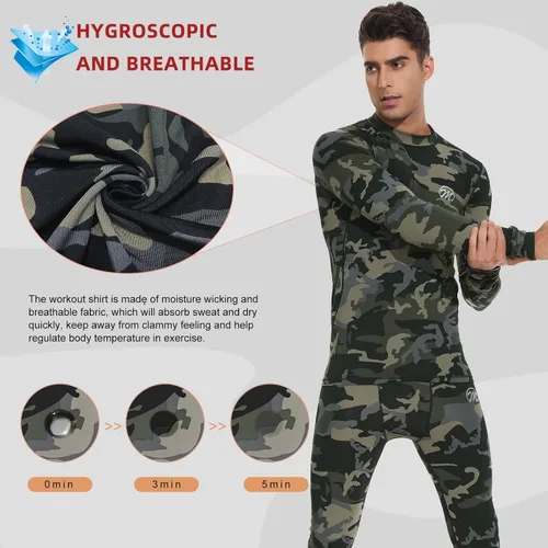 Vista 4 de Conjunto de ropa interior térmica para hombre, capa base de compresión, ropa de invierno con forro polar largo, ropa de correr y esquiar