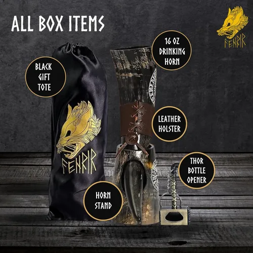 Vista 2 de FENRIR Cuerno vikingo para beber con soporte 16 oz – Regalos para hombres, papá, esposo – Taza natural de cuerno de buey con abrebotellas de Thor