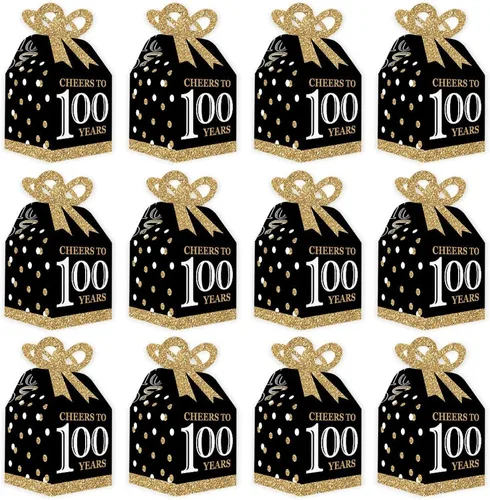 Vista 4 de Big Dot of Happiness Cajas de regalo para fiesta de cumpleaños número 100, elegante diseño cuadrado dorado con lazo 3D, suministros de fiesta