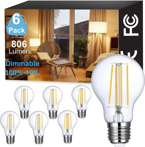 Vista 10 de Vinaco Bombilla LED A19 regulable de 2700 K, blanco cálido, 4 bombillas Edison A19, 8 W igual a 60 W, bombillas Edison de larga duración 806LM E26