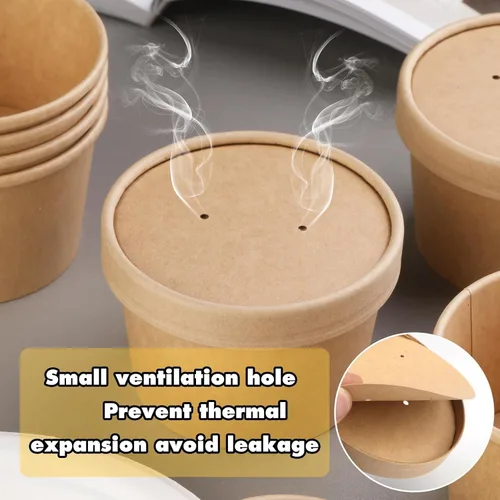 Vista 5 de Paquete de 75 recipientes de papel para sopa de 8 onzas con tapas, tazas de helado, recipientes de papel desechables con tapa ventilada, cuencos