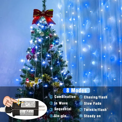 Vista 3 de Guirnalda de luces navideñas con 100 LEDs, tira de 33 pies, 8 modos, conectable, impermeable, parpadeante, con temporizador y memoria, para Azul