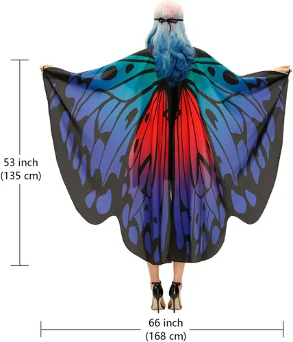 Vista 4 de Disfraz de mariposa para adulto, disfraz de alas de mariposa de Halloween, para mujer, colorido, festival, alas de mariposa, capa de chal