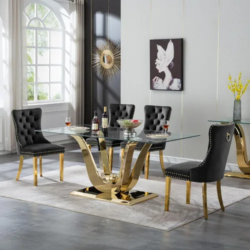Vista 37 de Moderno juego de mesa de comedor de cristal de 5 piezas para 4, 70 pulgadas rectangular con 4 sillas copetudas de terciopelo beige, juego de mesa