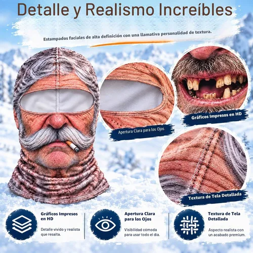 Vista 4 de Old Man Ski Mask,Funny Realistic Face Printed Balaclava,Stretch Cosplay Headgear for Halloween,Costume Parties & Pranks
