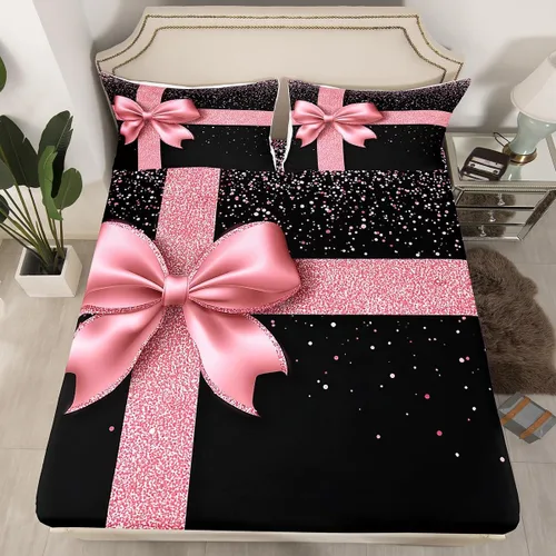 Vista 4 de Castle Fairy Juego de sábanas con lazo, juego de sábanas de diamante con purpurina para niños, juego de ropa de cama rosa y negro para niños