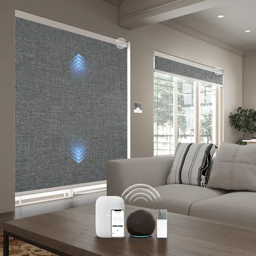 Vista 27 de Persianas inteligentes personalizadas de 110 pulgadas de ancho para ventanas grandes, persianas enrollables motorizadas 100% opacas compatibles
