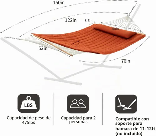 Vista 6 de CHULIM Hamaca doble al aire libre con barras de esparcidor de madera dura, hamaca de cuerda grande con almohada de poliéster y cojín, capacidad