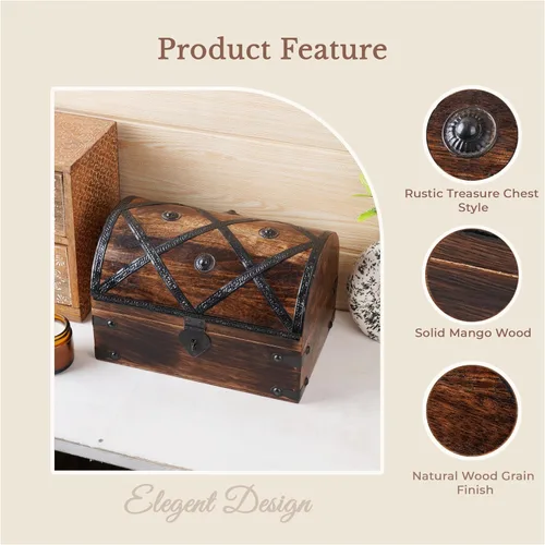 Vista 4 de Ajuny Cofre del tesoro de madera Joyero pirata, baúl de recuerdo antiguo, soporte decorativo de madera para baratijas, pequeño organizador