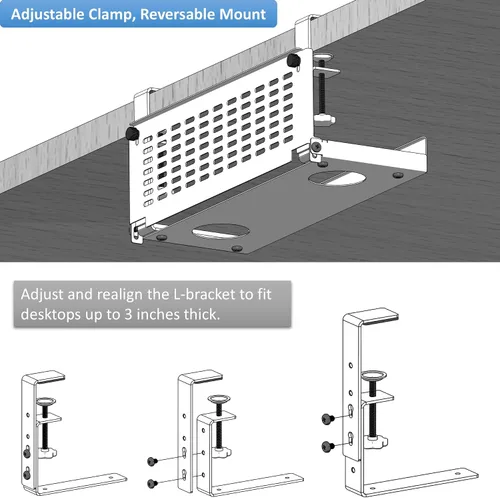 Vista 4 de AEONS Bandeja universal para organizar cables debajo del escritorio, montaje con abrazadera, organizador de panel modesto con bisagras