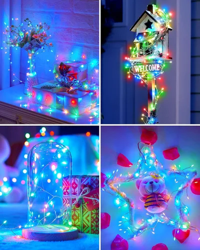Vista 6 de Luces de Hadas a Batería, 10 Pies 120 LEDs Luces de Cadena Tipo Petardo Impermeables Cable Plateado Luces Estrelladas de Luciérnaga para Bricolaje