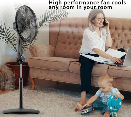 Vista 2 de Air Monster Ventilador de pedestal oscilante oscilante silencioso de 16 pulgadas, 5 velocidades, altura ajustable, ultra potente, con control