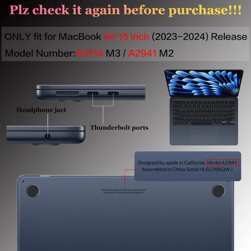Vista 7 de Compatible con MacBook Air de 15 pulgadas M2 M3 versión 2023 2024, funda rígida de plástico, funda de teclado y protector de pantalla y adaptador