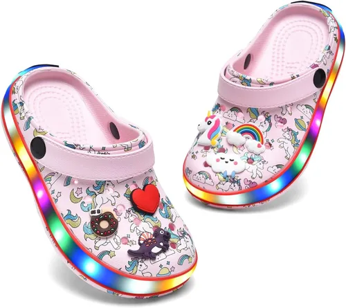 Vista 6 de XPKWS Zuecos para niños pequeños, niños y niñas, zapatos de jardín con luces LED, sandalias ligeras con luces, antideslizantes, de secado rápido