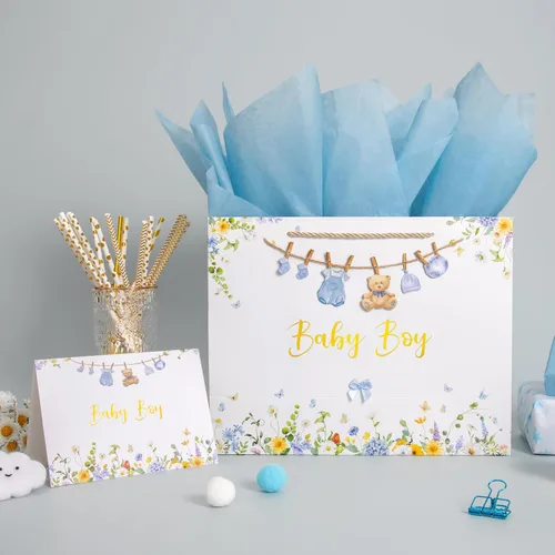 Vista 5 de Crisky Bolsa de regalo grande de 13" para niño con papel de seda, tarjeta de regalo y lazo para decoración de baby shower y cumpleaños de niño