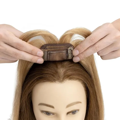 Vista 7 de S-noilite Toppers para el cabello humano real con flequillo, 6 pulgadas, color rubio oscuro #27, base de seda, clip en la parte superior