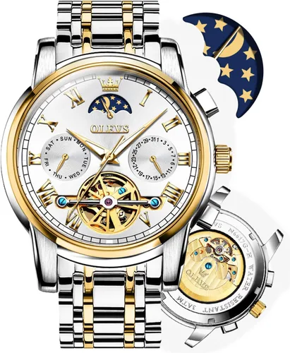 Vista 7 de OLEVS reloj mecánico automático, reloj de cuerda automático de lujo para hombre a prueba de agua, acero inoxidable.
