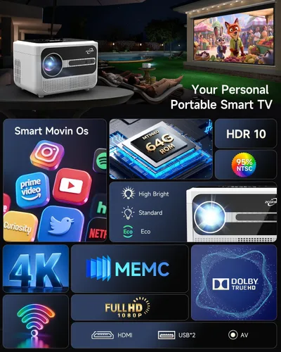 Vista 2 de Proyector portátil inteligente 4K para el hogar, proyector de película de 1300 lúmenes ANSI con enfoque automático, WiFi Bluetooth, 3 modos