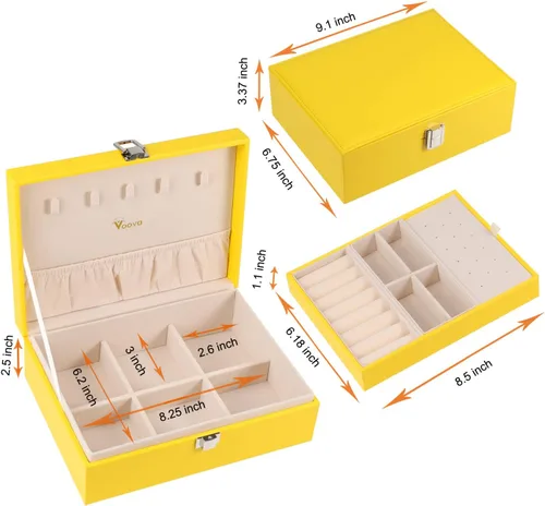 Vista 6 de Voova Joyero organizador para mujeres y niñas, 2 capas grandes para hombres, estuche de almacenamiento de joyas de piel sintética con bandeja