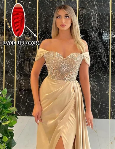 Vista 2 de Vestidos de graduación de sirena con abertura, vestidos de dama de honor con hombros descubiertos, vestidos de fiesta de noche formales para mujer
