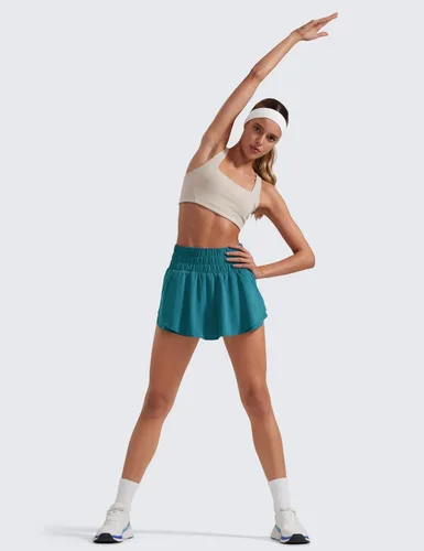 Vista 3 de CRZ YOGA - Pantalones cortos deportivos para mujer, cintura alta, holgados, con volantes, para entrenar, correr, tenis y bolsillo con cremallera