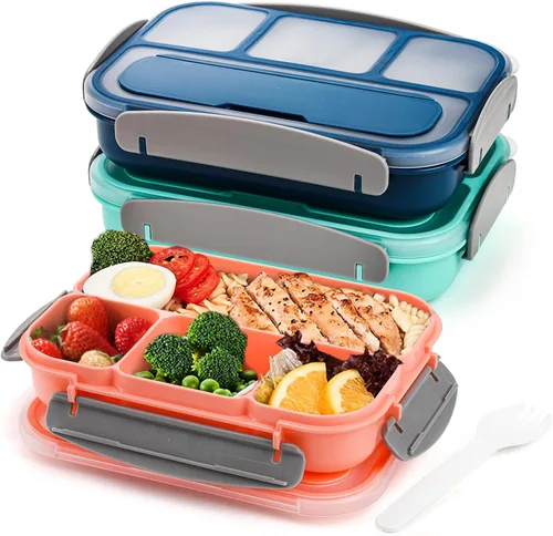 Vista 4 de Okllen Paquete de 3 loncheras Bento con cuchara y 4 compartimentos, recipientes de plástico para preparación de comidas con tapas, contenedor