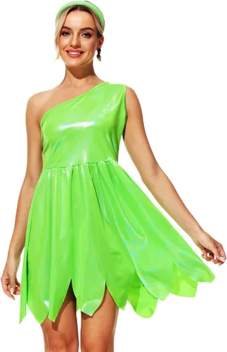 Vista 4 de AOBUTE Disfraz de Halloween de Peter Pan para mujer, disfraz brillante de Campana Tinker, disfraz para adultos y familia Cosplay