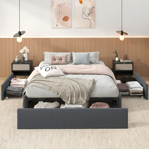 Vista 12 de SHA CERLIN Base de cama moderna de plataforma completa con 3 cajones de almacenamiento, diseño de panel lateral de ala, tapizado de piel sintética