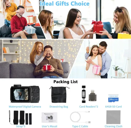 Vista 9 de Cámara Digital Impermeable 8K para Esnórquel: 70MP 33FT Cámara Subacuática Compacta Resistente HD de Doble Pantalla con Zoom de 18X Selfie, Tarjeta