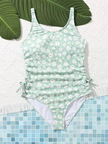 Vista 5 de SHENHE Traje de baño de una pieza con estampado floral y volantes para niña