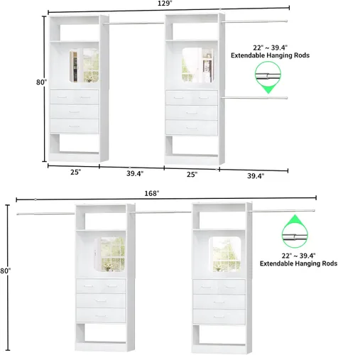Vista 7 de Sistemas de Armarios Unikito, Organizador de Vestidor de 6-14 Pies con 8 Cajones y Espejo, Inserto de Armarios de Madera Grande de 168" con Torre
