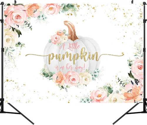 Vista 5 de Telones de fondo de calabaza para baby shower, decoración de fondo rosa floral de otoño para niñas recién nacidas (7 x 5 pies)