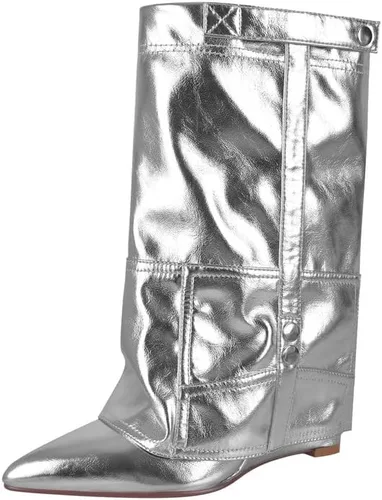 Vista 2 de Botas de tacón de cuña para mujer, con puntera puntiaguda, vaquero, botas cortas hasta el tobillo