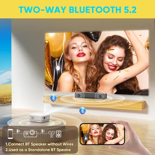 Vista 3 de [Aplicaciones integradas] Mini proyector con WiFi y Bluetooth, proyector de película portátil compatible con HDMI/smartphone/TV Stick/portátil