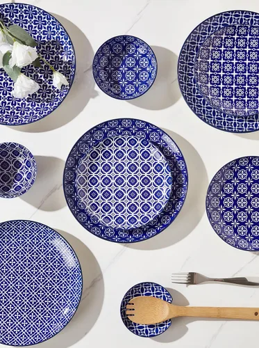 Vista 5 de Metahom Platos de cerámica de 10 pulgadas, juego de platos de porcelana azul y blanca, platos para servir pasta, panqueques, carne, ensalada, juego
