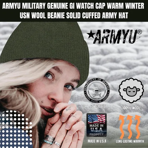 Vista 2 de ARMYU - Gorro de lana militar genuina para invierno, gorro de lana USN sólido con puños