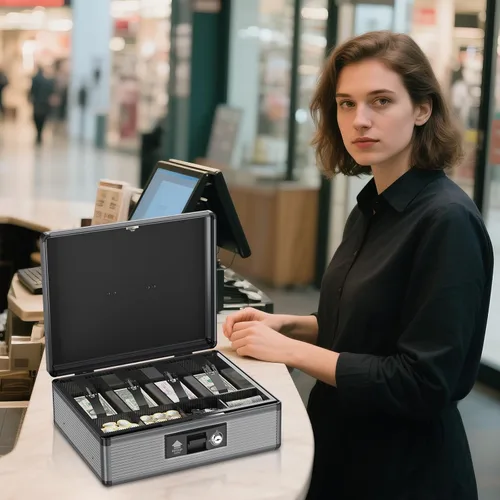 Vista 7 de Caja de Efectivo con Cerradura con Bandeja para Dinero y Llave, Caja Fuerte Segura para Efectivo, Caja de Dinero Portátil con Espacios