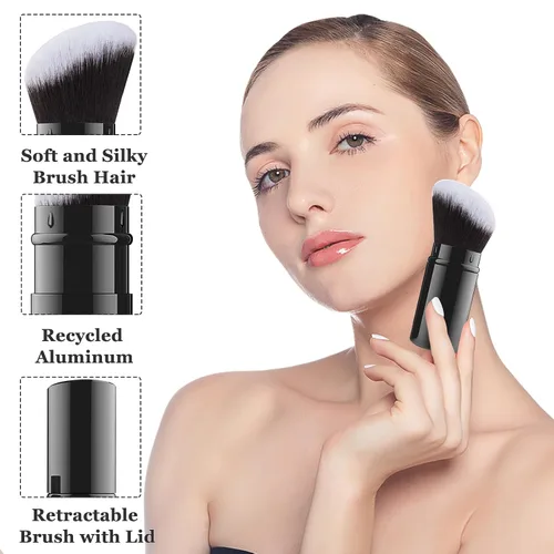 Vista 4 de Falliny Brocha de maquillaje retráctil Kabuki, base de polvo superior en ángulo, pinceles de maquillaje profesional con mango de aluminio