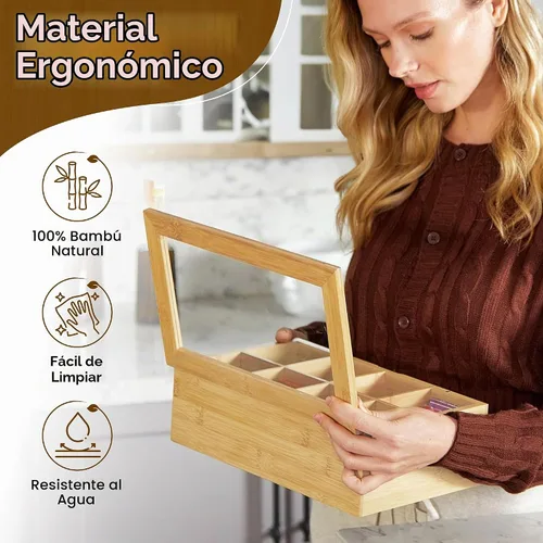 Vista 3 de Fuller Organizador de caja de té de bambú con 8 compartimentos, estuche de almacenamiento de té de bambú natural con tapa acrílica transparente