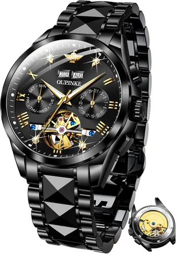 Vista 14 de OUPINKE - Reloj automático para hombre, diseño de esqueleto de diamante mecánico de cuerda automática, lujo, reloj de pulsera de cristal de zafiro
