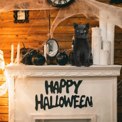 Vista 7 de HyDren Peluche de gato negro de Halloween de 13 pulgadas, animal de peluche realista de gato suave y lindo, almohada de juguete, regalos para niños